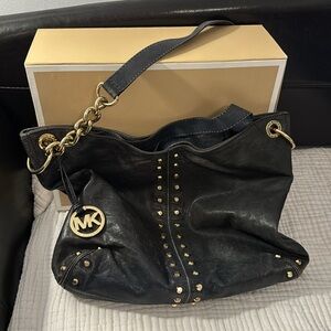 Gently Used Navy Blue Astor Bag with Gold Studs & Hardware